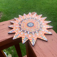 Load image into Gallery viewer, &quot;Fiat Lux&quot; resin-coated acrylic painting on wooden sun cutout
